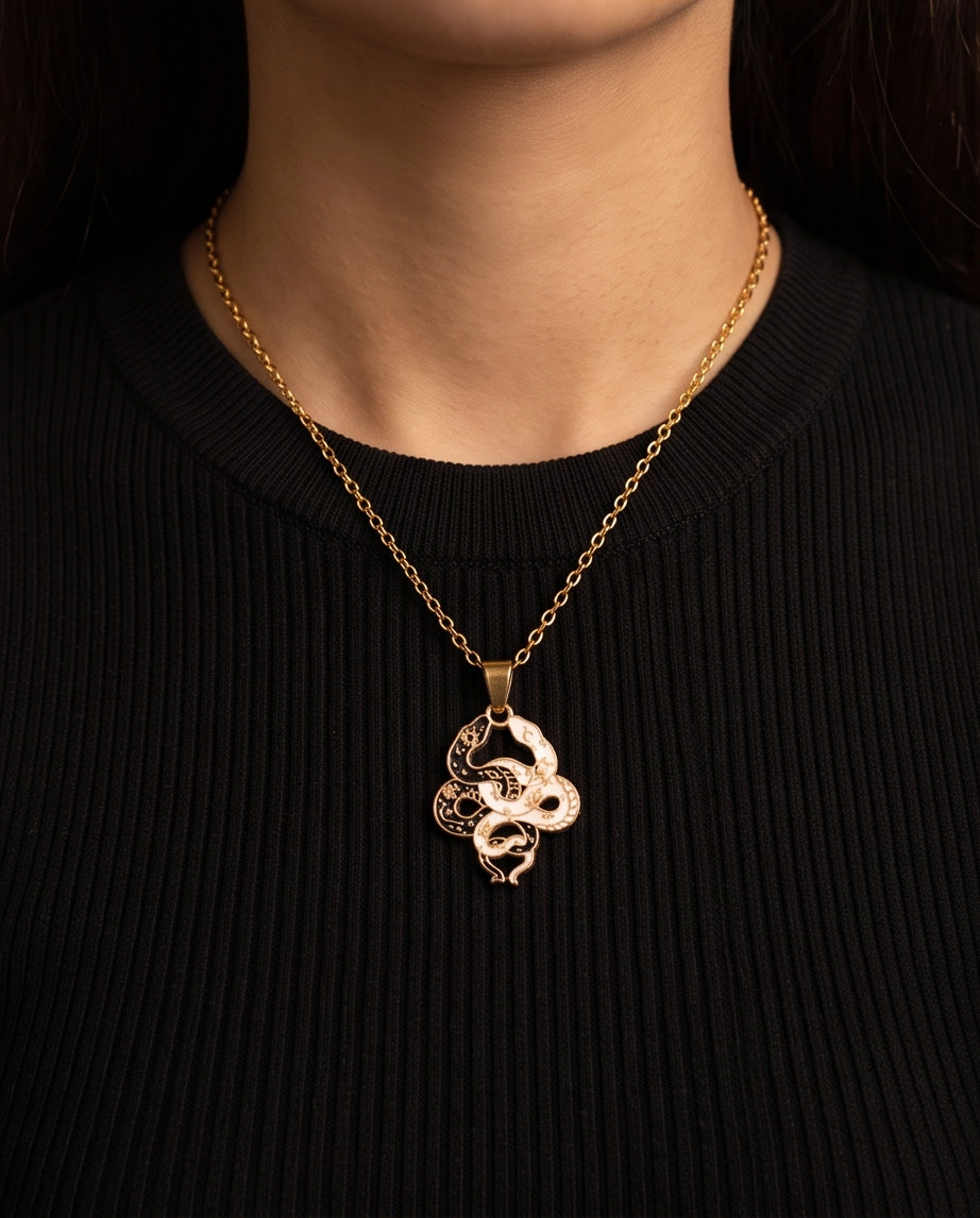Gold Dual Serpent Celestial Enamel Pendant Necklace