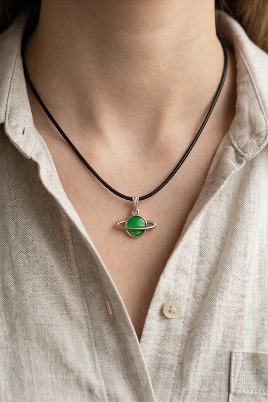 Gold and Green Saturn Planet Necklace