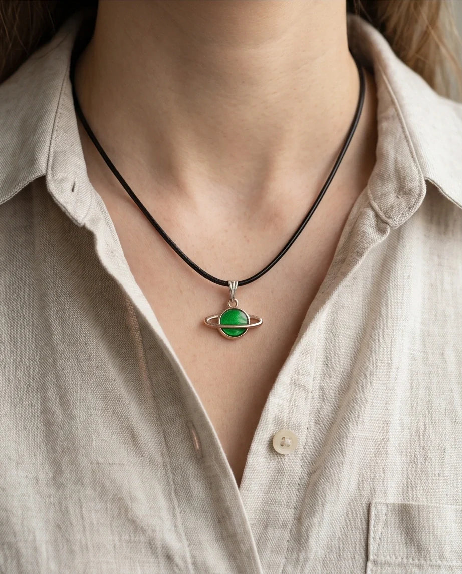 Gold and Green Saturn Planet Necklace