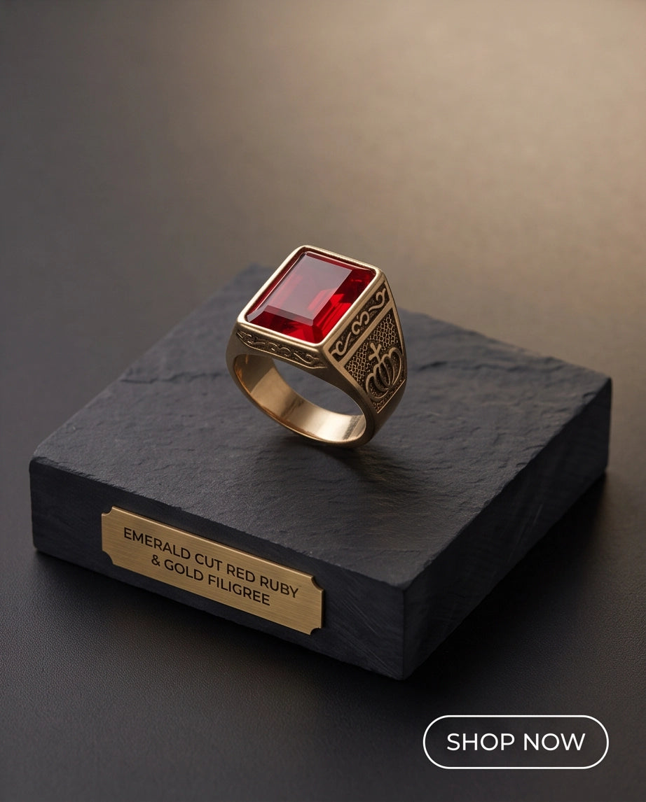 Crimson Ruby Emerald-Cut Gemstone Crown Motif Gold Ring