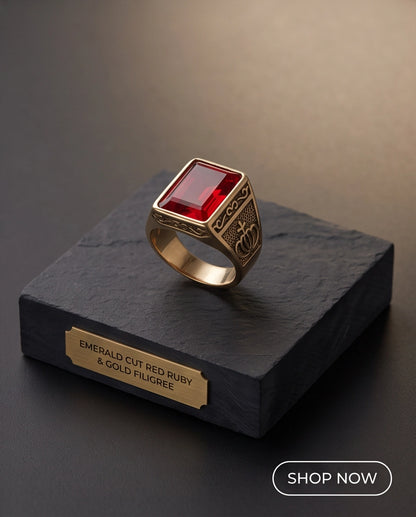 Crimson Ruby Emerald-Cut Gemstone Crown Motif Gold Ring