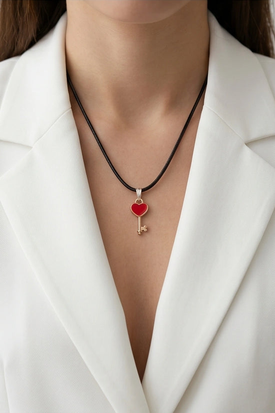 Gold and Red Heart Key Necklace