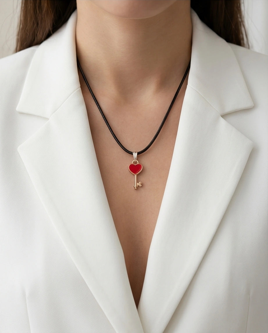 Gold and Red Heart Key Necklace
