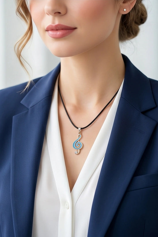 Gold Light Blue Treble Clef Music Necklace