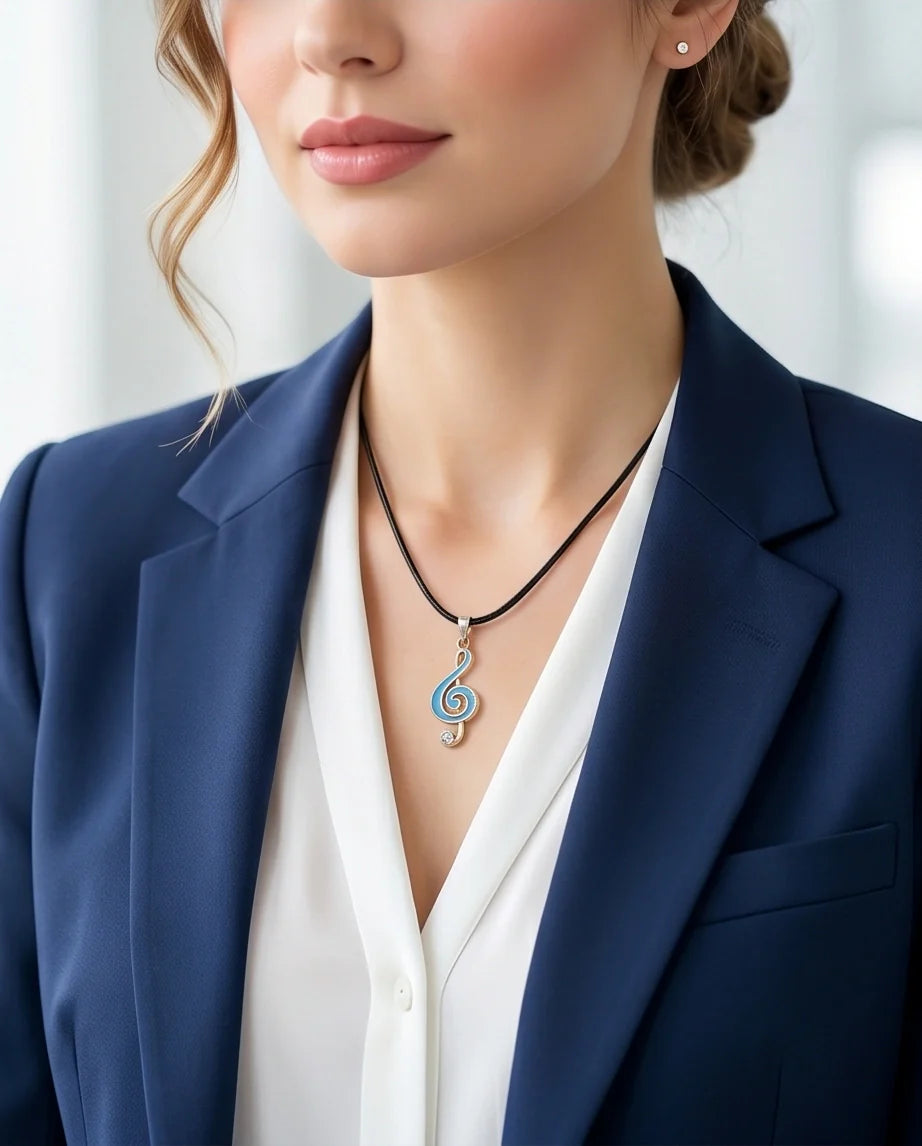 Gold Light Blue Treble Clef Music Necklace