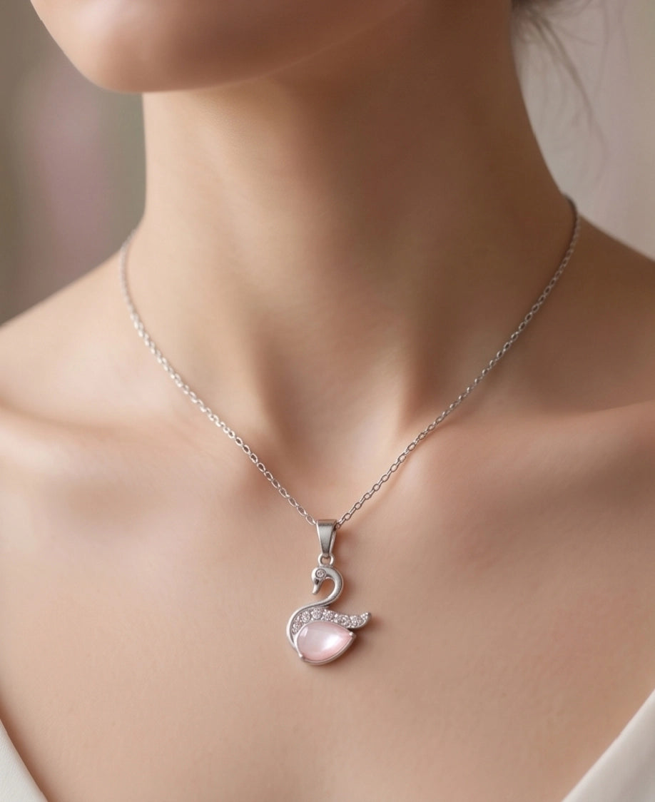 Silver Pink Crystal Swan Pendant Necklace
