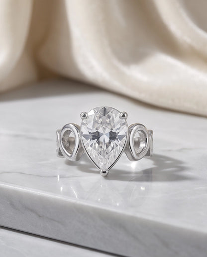 Clear Gemstone Prong-Set Teardrop Loop Silver Ring