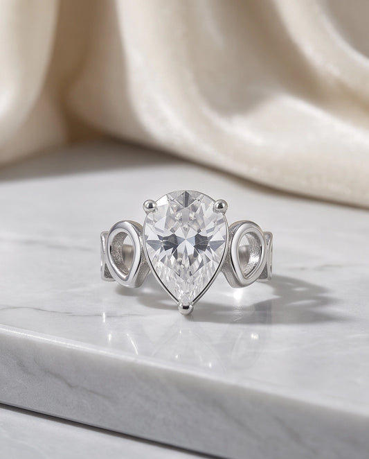 Clear Gemstone Prong-Set Teardrop Loop Silver Ring