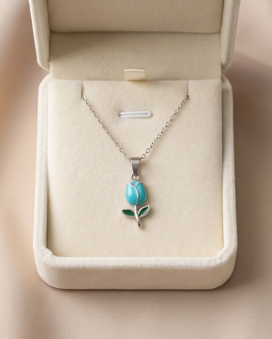 Silver Light Blue Enamel Tulip Pendant Necklace