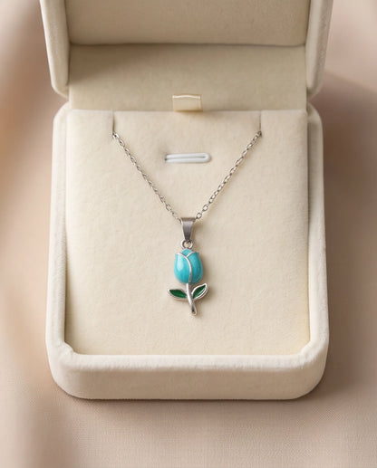 Silver Light Blue Enamel Tulip Pendant Necklace