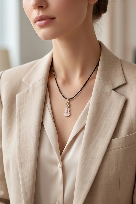 Gold and Pink Enamel Violin Necklace