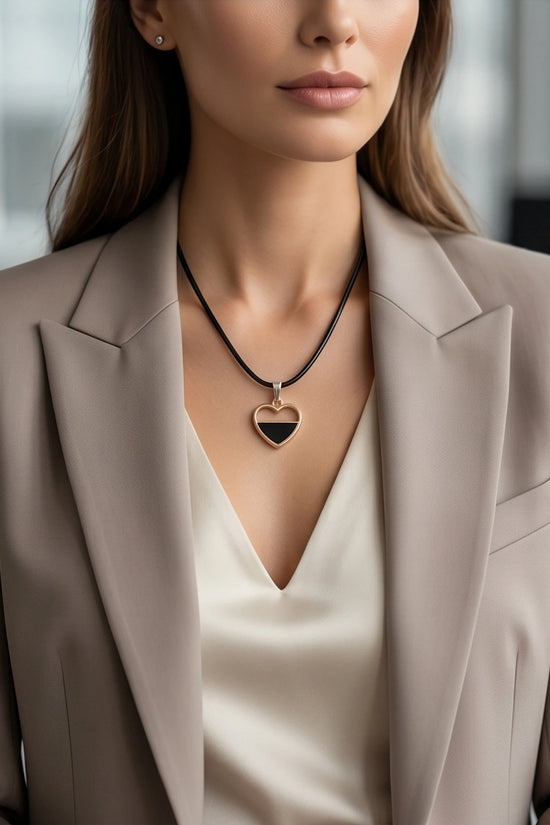 Gold Half-Black Enamel Heart Necklace