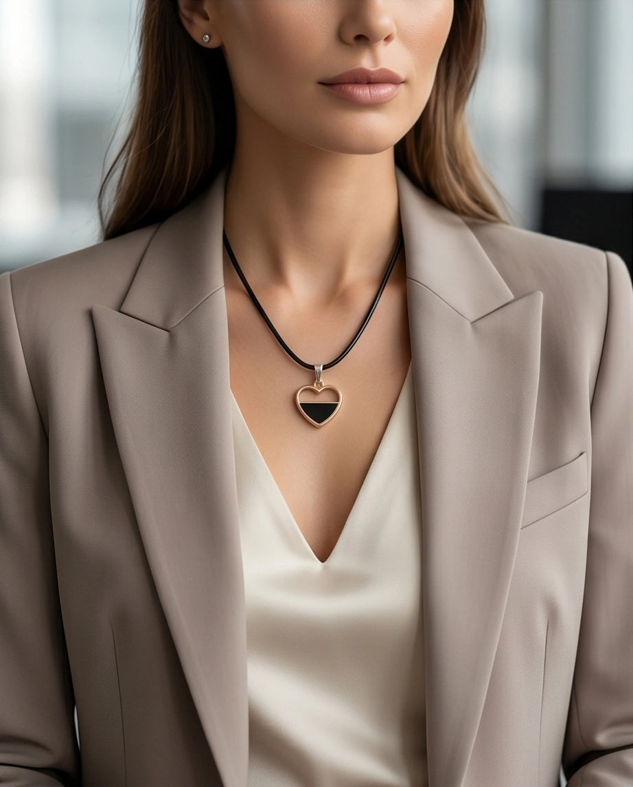 Gold Half-Black Enamel Heart Necklace