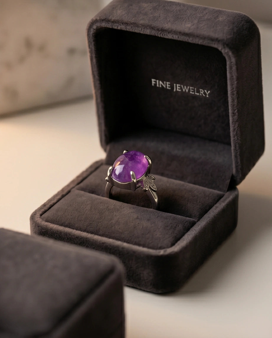 "Ethereal Purple Jade Leaf Statement Ring"