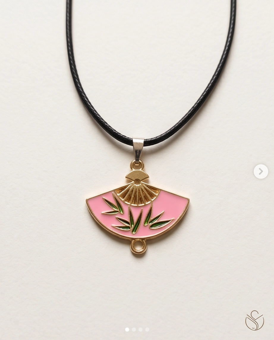 Pink Enamel Bamboo Fan Pendant Necklace