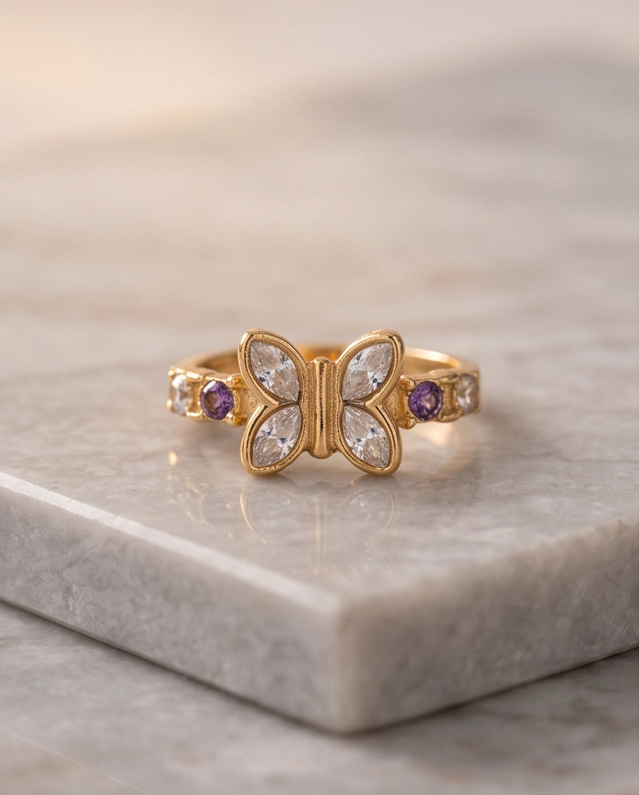 Gold Butterfly Gemstone Band Ring
