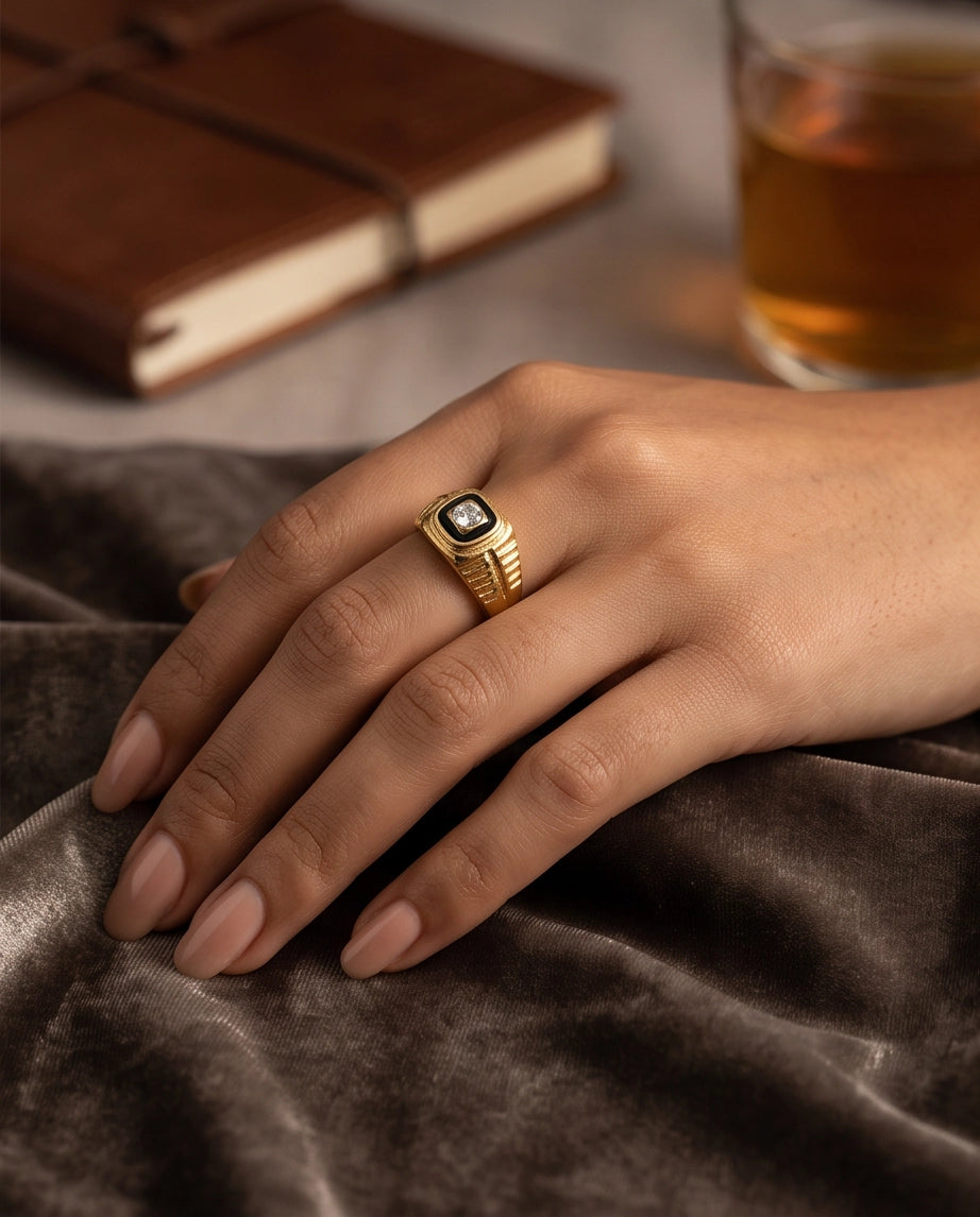 Concentric Cushion Clear Gemstone Onyx Frame Art Deco Gold Ring