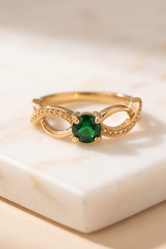 14K Gold Emerald Round Infinity Twist Ring