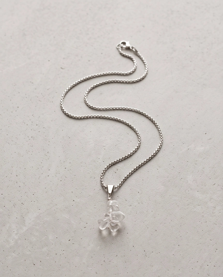 Silver Stacked Raw Clear Quartz Chip Stone Pendant Necklace