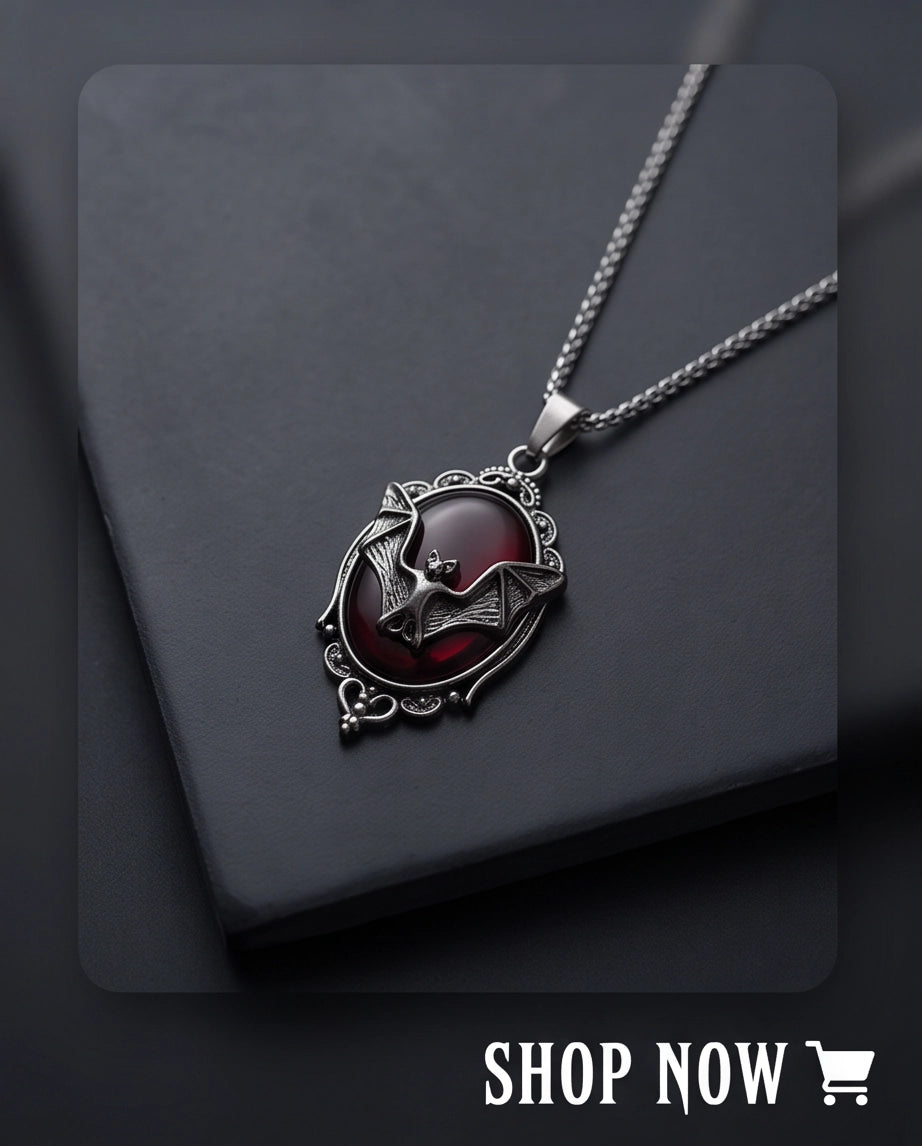 Antique Silver Gothic Bat Dark Red Enamel Medallion Chain Necklace