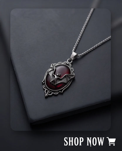 Antique Silver Gothic Bat Dark Red Enamel Medallion Chain Necklace