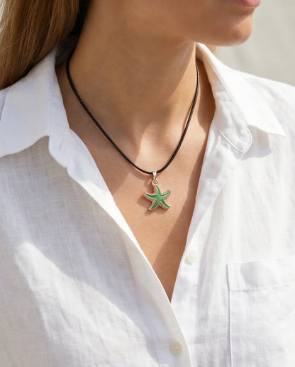 Gold and Textured Green Starfish Necklace