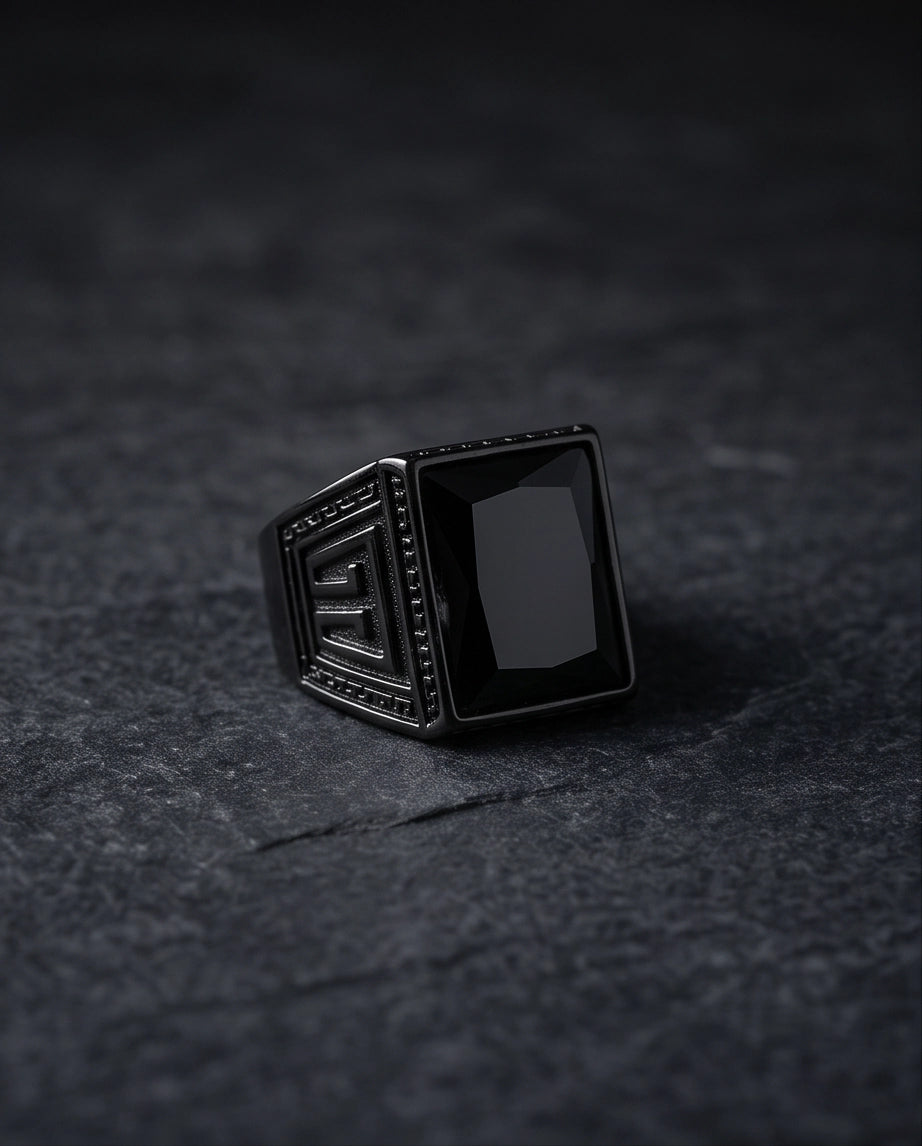 Jet Black Emerald-Cut Onyx Geometric Architectural Silver Ring