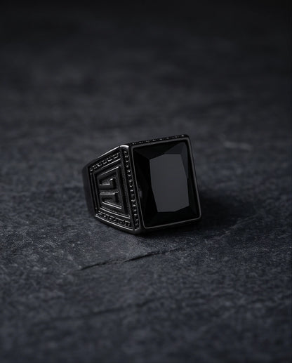 Jet Black Emerald-Cut Onyx Geometric Architectural Silver Ring