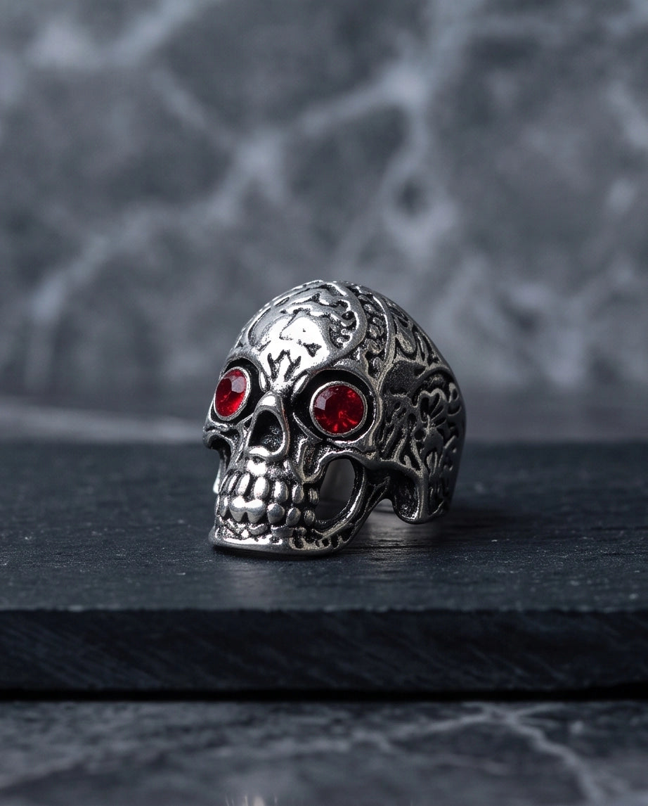 Ruby-Eyed Filigree Skull Ring