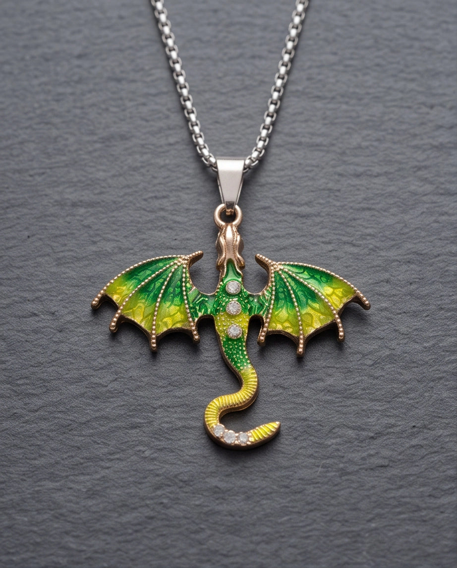 Gold Green Enamel Dragon Wyvern Pendant Necklace