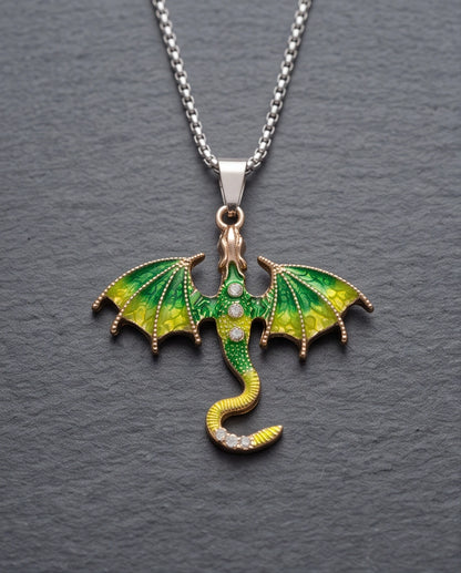 Gold Green Enamel Dragon Wyvern Pendant Necklace
