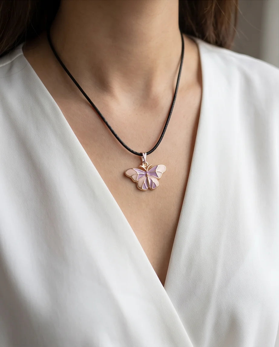 Pink & Lavender Enamel Butterfly Pendant Necklace