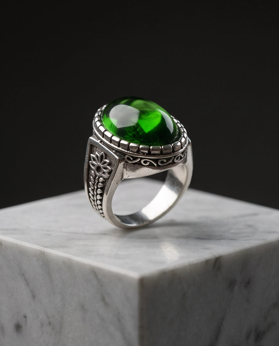 Emerald Cabochon Beaded Bezel Floral Silver Ring