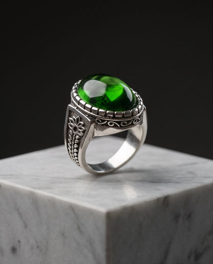 Emerald Cabochon Beaded Bezel Floral Silver Ring