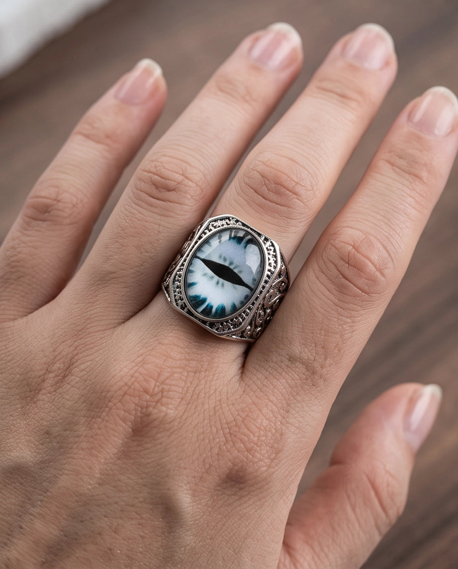 Frost Slit-Pupil Ornate Silver Ring