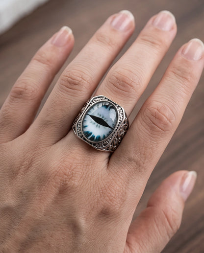 Frost Slit-Pupil Ornate Silver Ring