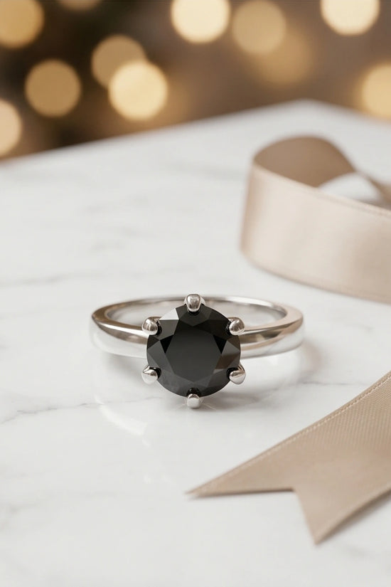 Sterling Silver Round-Cut High Crown Black Solitaire Ring