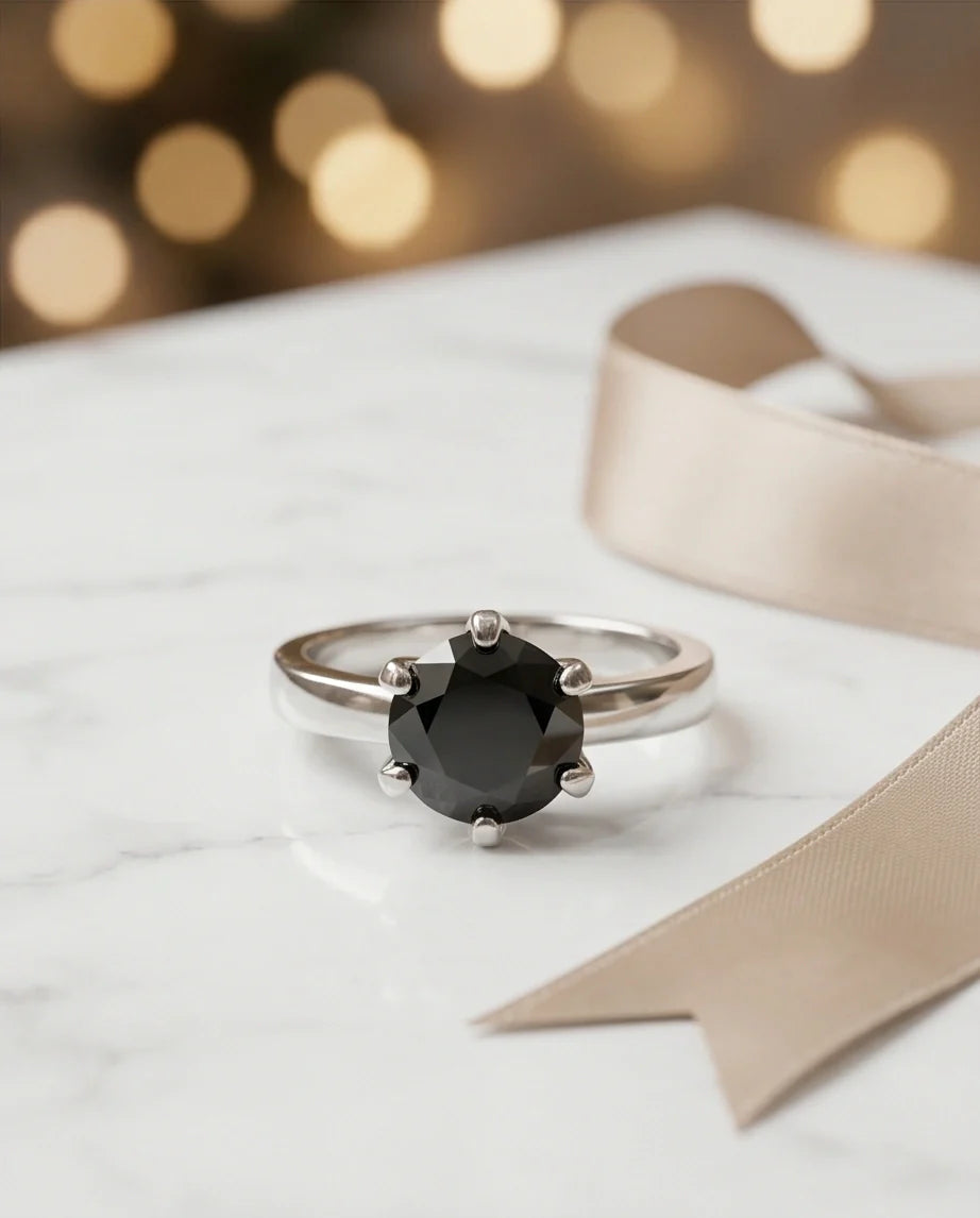 Sterling Silver Round-Cut High Crown Black Solitaire Ring