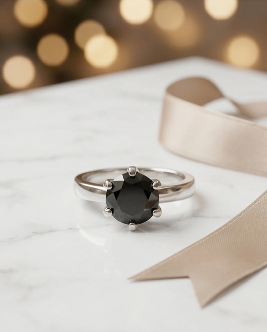 Sterling Silver Round-Cut High Crown Black Solitaire Ring