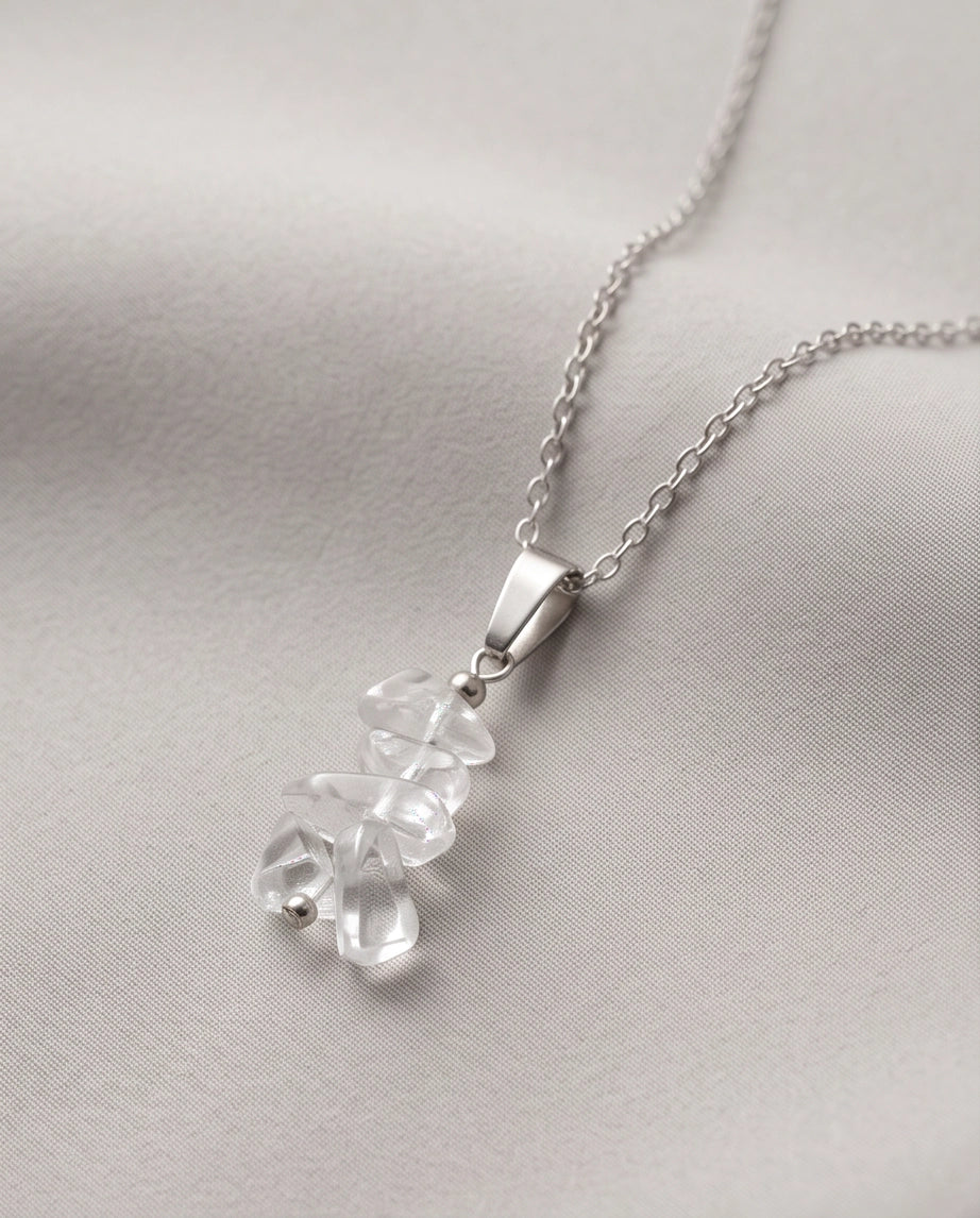 Silver Stacked Raw Clear Quartz Chip Stone Pendant Necklace
