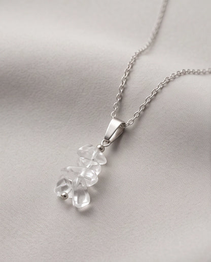 Silver Stacked Raw Clear Quartz Chip Stone Pendant Necklace