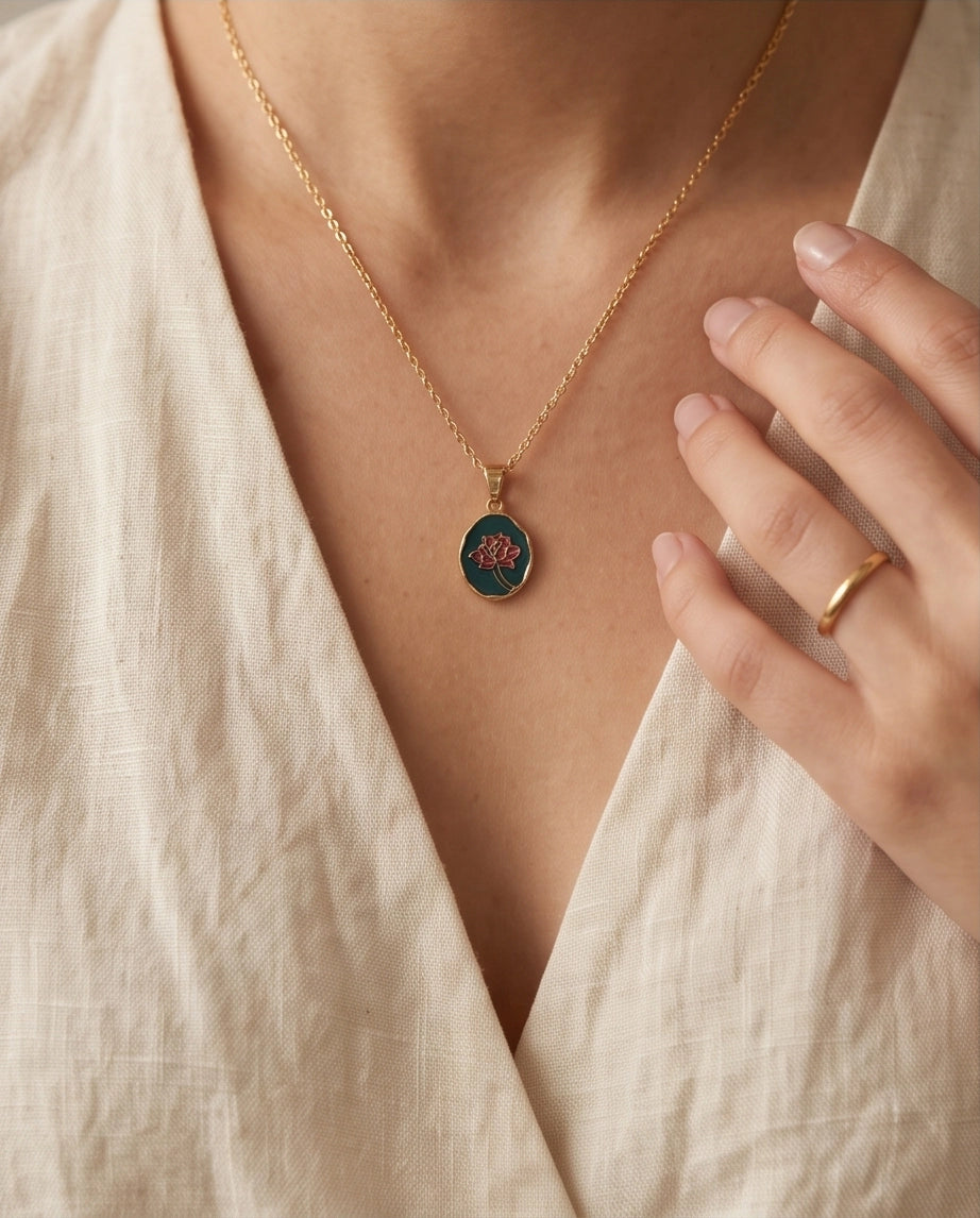 Gold Teal Lotus Enamel Medallion Chain Necklace