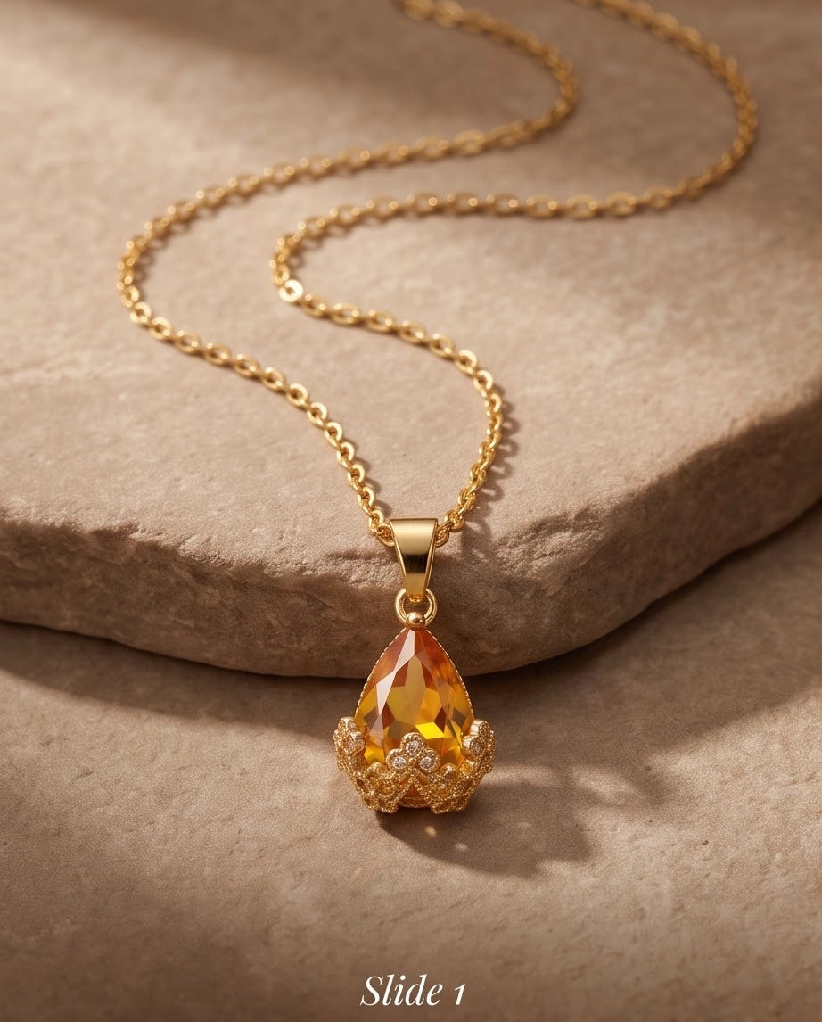 Gold Amber Teardrop Floral Basket Pendant Necklace