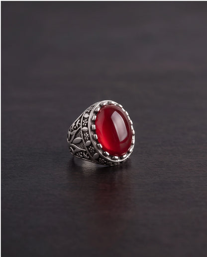 Crimson Red Oval Cabochon Ornate Leaf Scrollwork Silver Ring