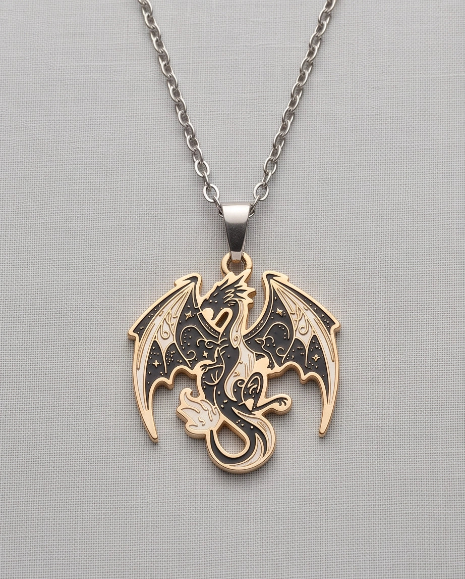 Gold Celestial Dragon Black & White Enamel Pendant Necklace