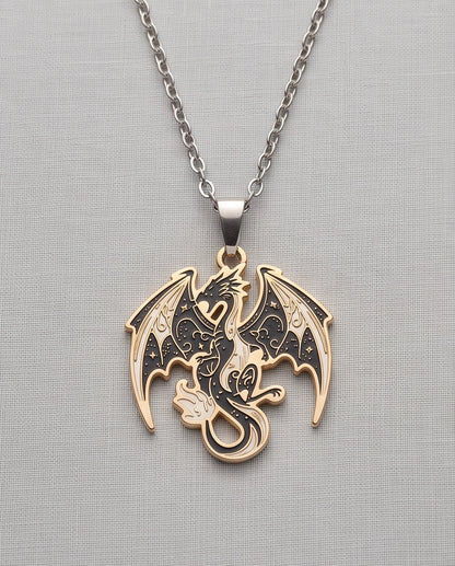 Gold Celestial Dragon Black & White Enamel Pendant Necklace