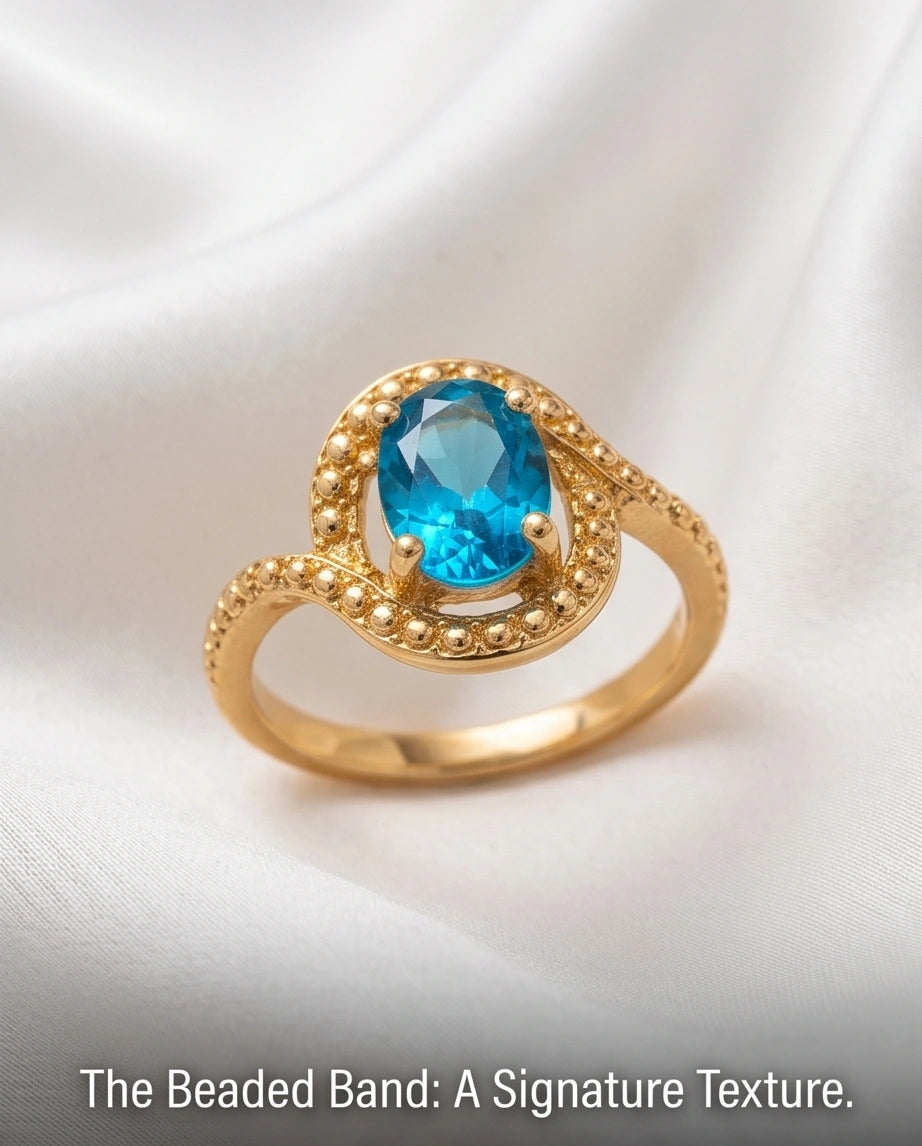Luxury 14K Gold Oval Swiss Blue Topaz Swirl Halo Ring
