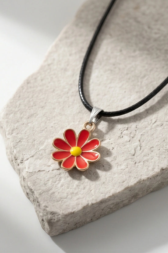 Gold and Red Daisy Pendant Necklace