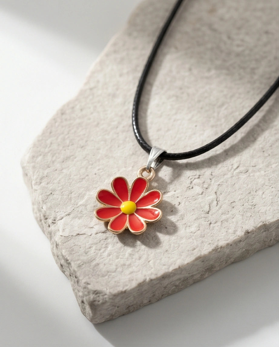 Gold and Red Daisy Pendant Necklace