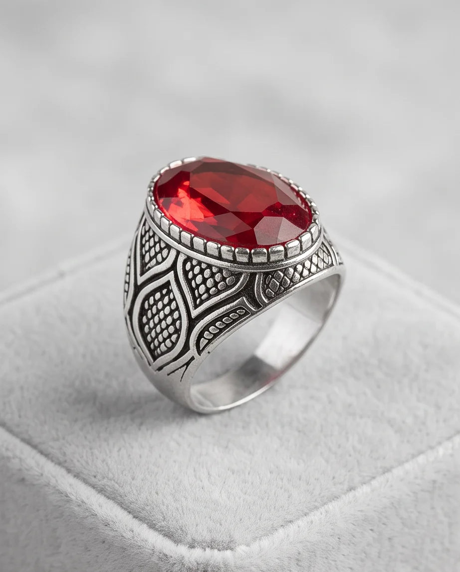 Ruby Gemstone Beaded Bezel Scale-Lattice Silver Ring